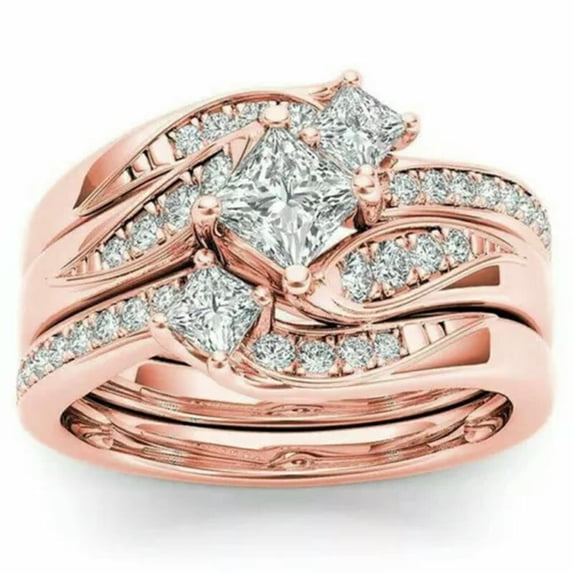 K-KED 3 Pcs/Set Exquisite 925 Silver Cubic Zirconia Ring Wedding Delicate Jewelry Gifts-10-Rose Gold