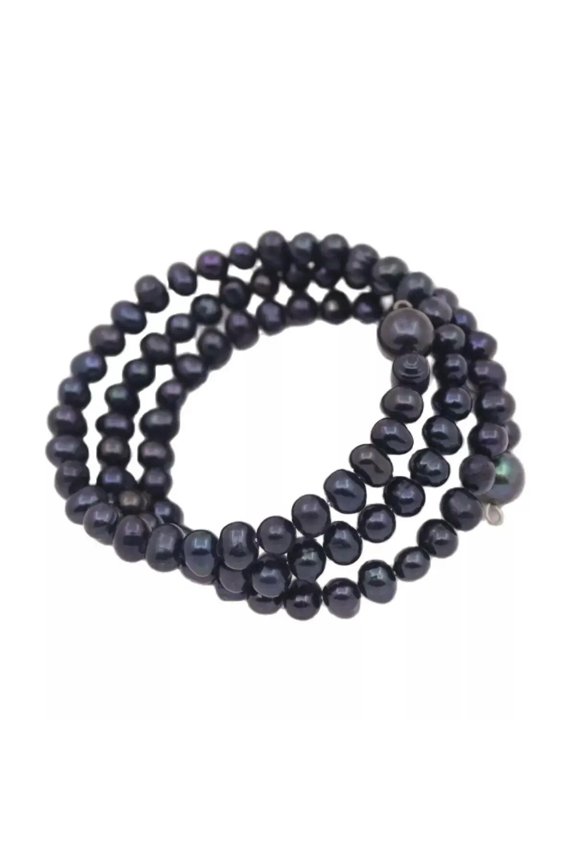 3 ROWS 7-8mm Black Baroque Potato Pearl Stretch Bracelet 7"