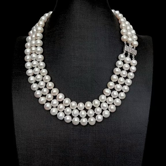 K-KED 3 Row Real Cultured White Potato Shape Pearl 10-11mm Necklace 925 Silver Clasp
