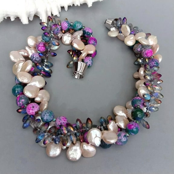 K-KED 3 Row Top Drilled Pink Coin Pearl Multi Color Agate Crystal Torsade Necklace