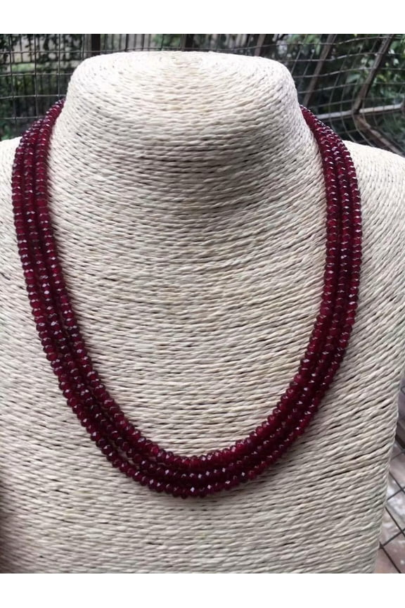 3 Rows 2x4mm Faceted Red Jade Rondelle Gemstone Beads Necklace 18-20''
