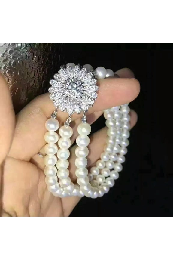 3 Rows Beautiful AAA+ 7-8mm Akoya White Pearl Bracelet 7.5"-8 Inch 925s