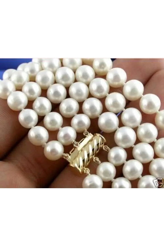 3 Rows Natural 8-9mm White Real Freshwater Cultivation Pearl Necklace 17-19''