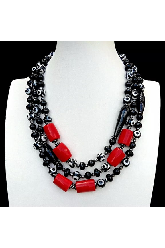3 Strands Black Dzi Agate Red Coral Necklace 18"
