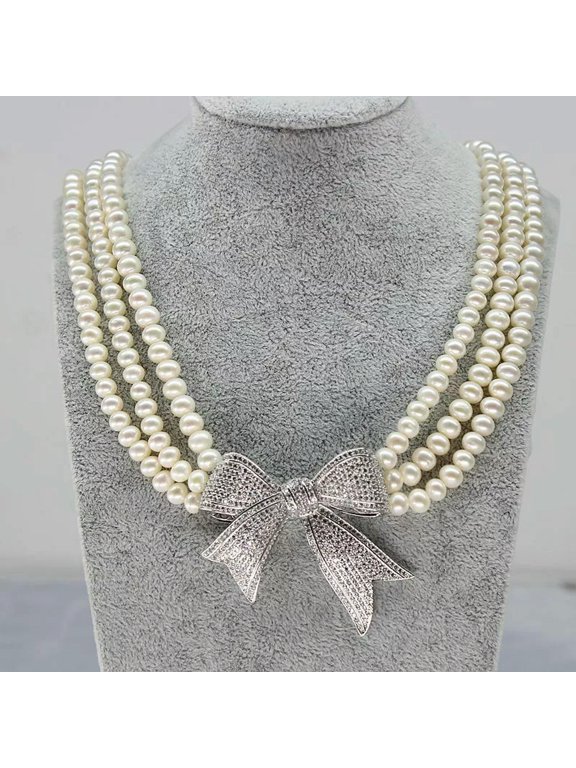 3 strand 6-7mm white freshwater pearl Necklace CZ