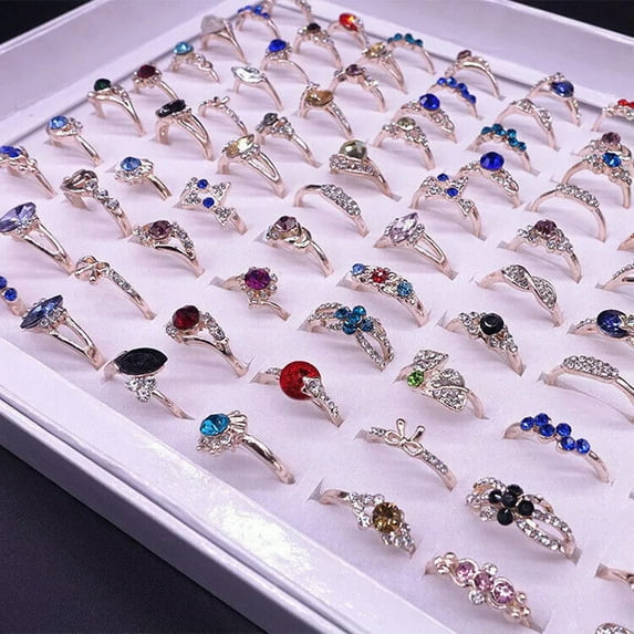 K-KED 30Pcs Wholesale Colorful Crystal Mixed Rings Bulk Finger Band Ring Delicate Jewelry Lot
