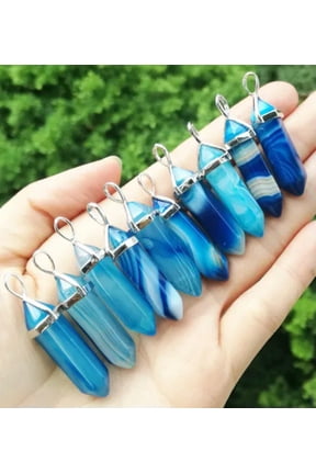 30pcs Blue Agate stone Hexagon Point Pendant Chakra Reiki Healing Amulet