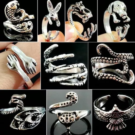 K-KED 30pcs Cute Animal design Mixed Vintage Silver Rings for Women Punk Male Rings