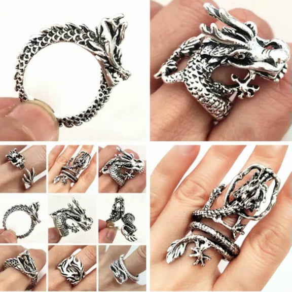 K-KED 30pcs Domineering Exaggerated Retro Dragon Metal Rings Vintage Animal Biker Ring