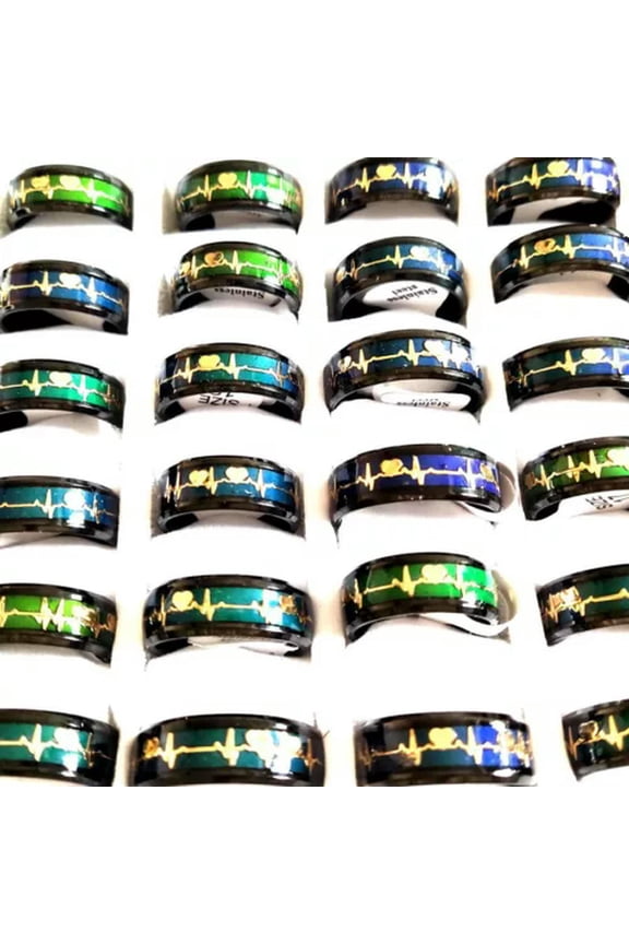 30pcs Electrocardiograma Heart Beat Mood Ring Stainless Steel Color Change Ring-black