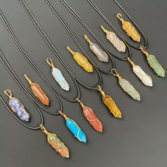 K-KED 30pcs Gold Wound Crystal Natural Stone Hexagonal Column Pendant Necklace