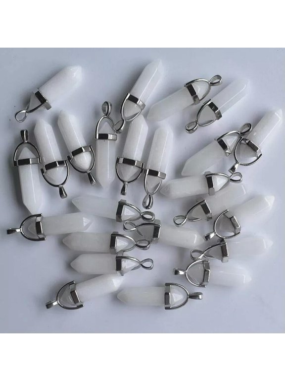 30pcs Natural Stone White Jade Pendants Hexagonal Pillar Pendulum DIY Necklaces