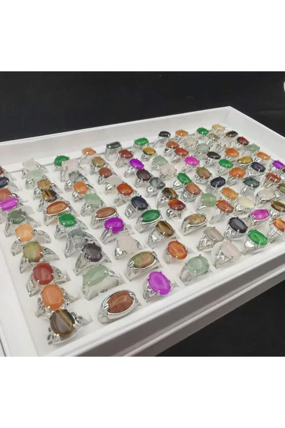 30pcs Wholesale Lots Fashion Delicate Jewelry Mixed Natural Stone Silver P Lady's Rings-Mixed color