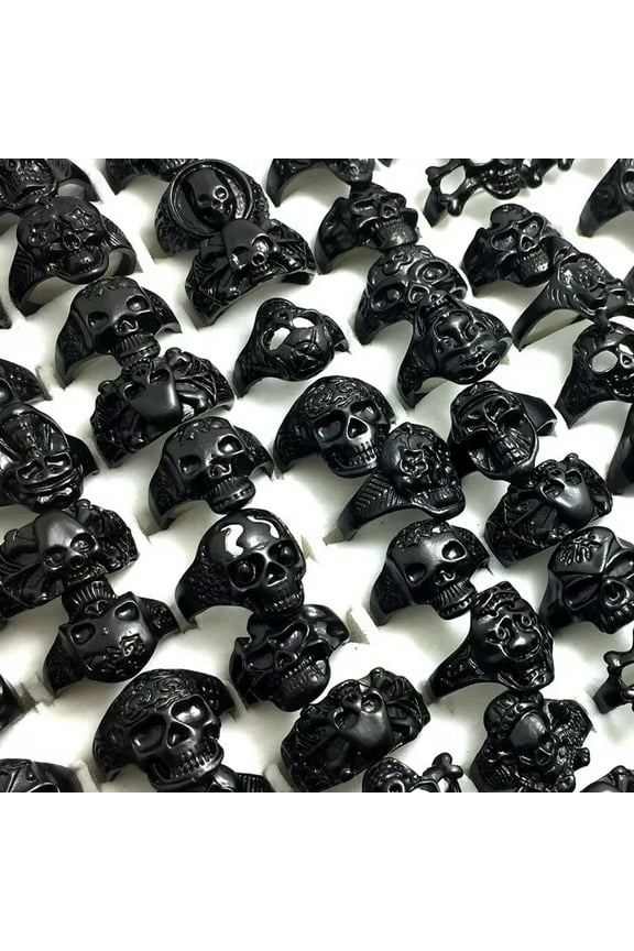 30pcs/lot Black Skull Ring Multi-styles Mix Punk Skeleton Rings Men's Rocker
