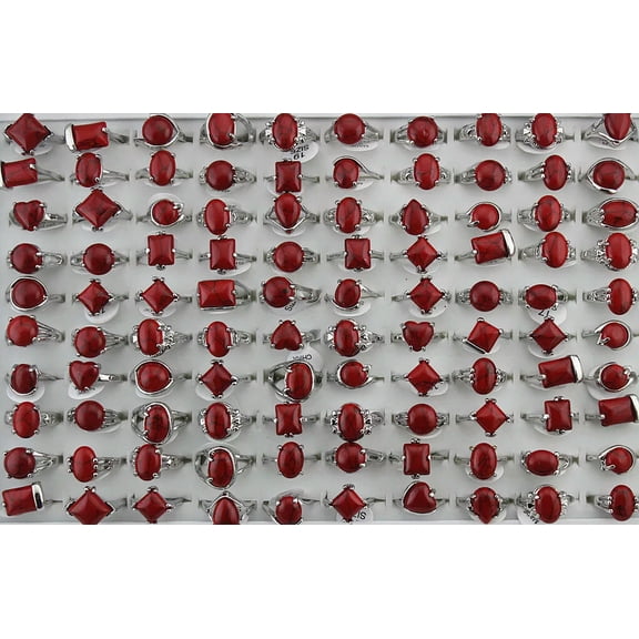 K-KED 32pcs Wholesale Delicate Jewelry Lots Mixed Style Red Natural Stone Womens Silver P Rings