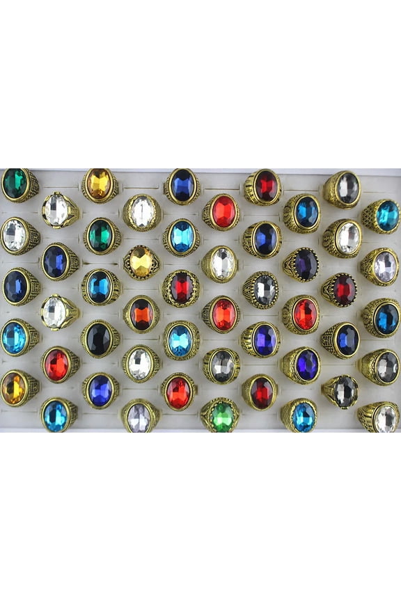 32pcs Wholesale Men's Delicate Jewelry Job Lots Mixed Style Big Glass Ring Alloy Rings