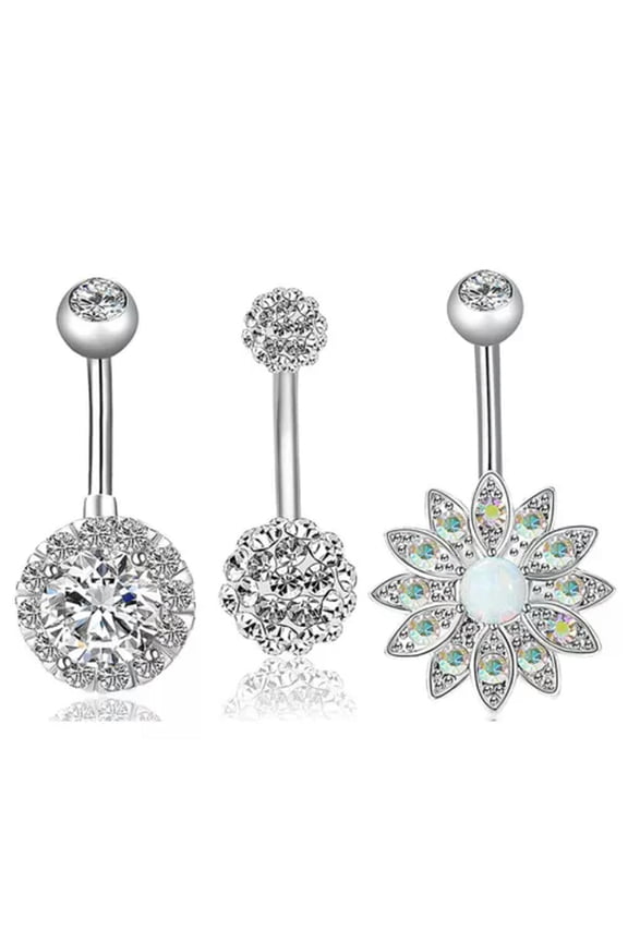 3PCS/Set Stainless Steel Crystal Opal Belly Button Rings Navel Piercing JewO-qy_-Silver