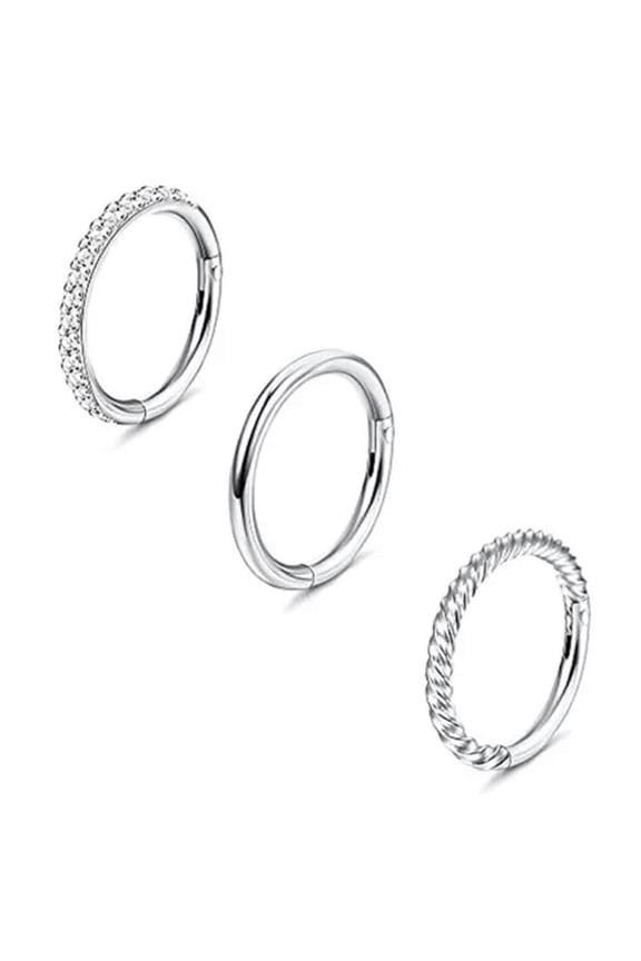 3Pcs 16G Hinged Clicker Segment CZ Twisted Nose Rings Helix Cartilage Piercing -16G 10mm
