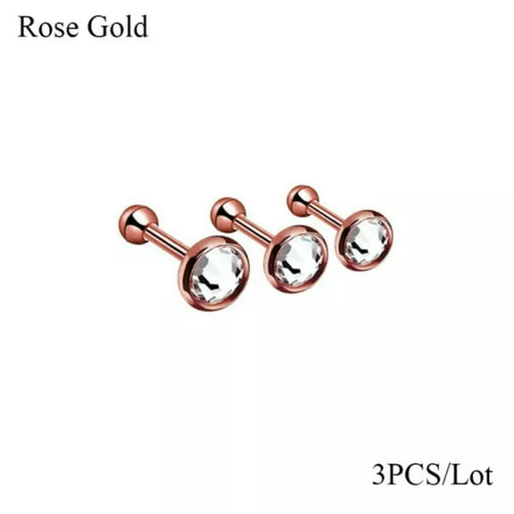 K-KED 3Pcs Crystal Cartilage Barbell Earrings Women Ear Stud Body Piercing Delicate Jewelry Hot-rose gold
