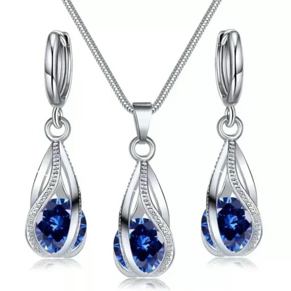 K-KED 3Pcs Fashion Shiny Blue Rhinestone Crystal Earring Necklace Set Delicate Jewelry Women