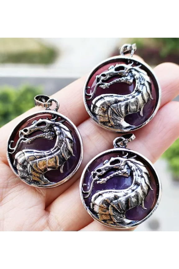 3pcs Amethyst Lapis Opal Rose Quartz Dragon Pendants Magic Reiki Healing Amulet-Amethyst