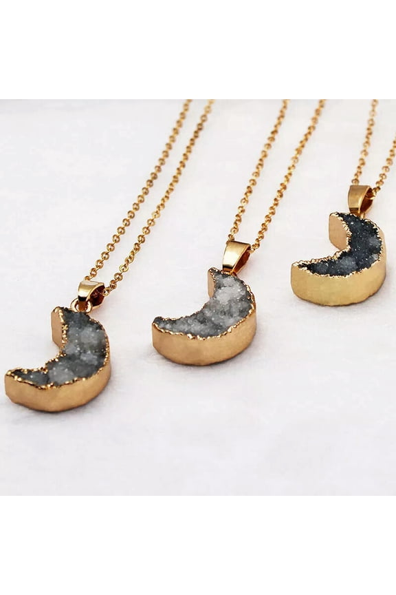 3pcs Mixed Natural Druzy Agate Stone Moon Pendants Necklace Delicate Jewelry Gift 18X8mm