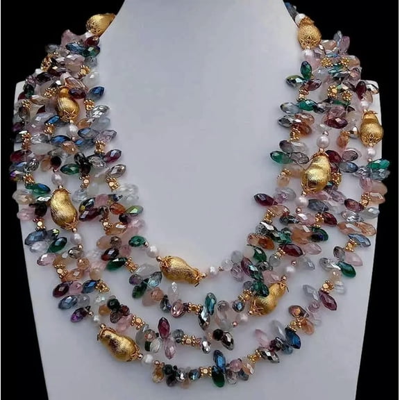 K-KED 4 Strands Multi Color Crystal Brushed Bead White Pearl Statement Necklace