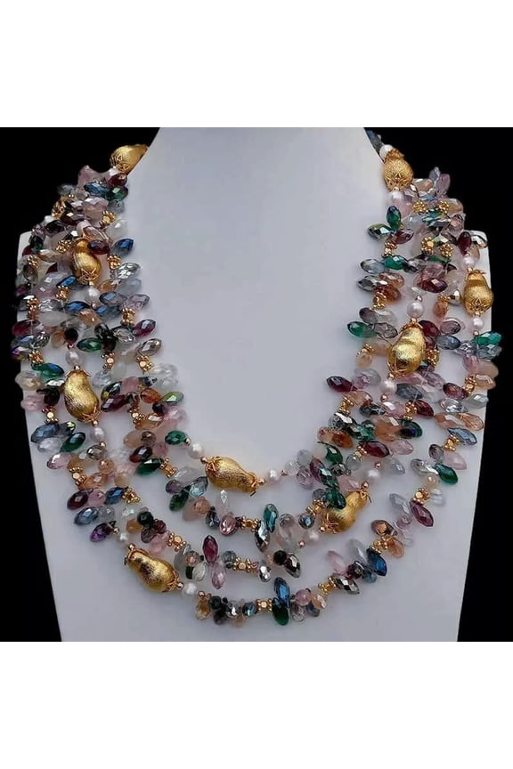 4 Strands Multi Color Crystal Brushed Bead White Pearl Statement Necklace