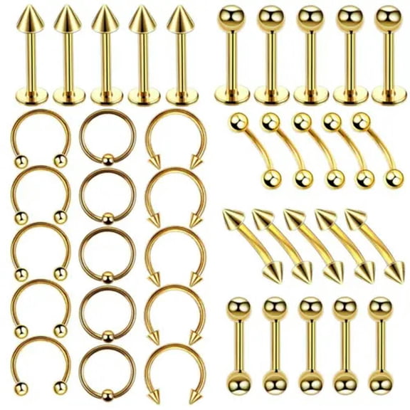 K-KED 40PCS/LOT Nose Hoops Rings Labret Lip Ear Eyebrow Stud Body Piercing Delicate Jewelry Kit-Gold-40pcs/lot