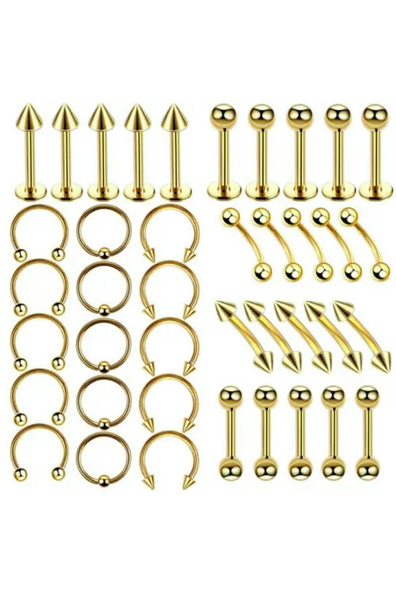 40PCS/LOT Nose Hoops Rings Labret Lip Ear Eyebrow Stud Body Piercing Delicate Jewelry Kit-Gold-40pcs/lot
