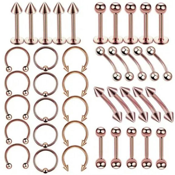 K-KED 40PCS/LOT Nose Hoops Rings Labret Lip Ear Eyebrow Stud Body Piercing Delicate Jewelry Kit-Rose gold-40pcs/lot