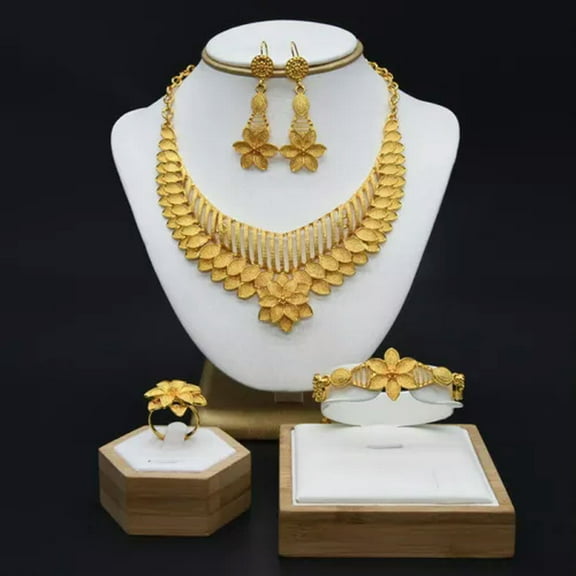 K-KED 4Pcs 24k Gold Plated Bridal Necklace Earrings Ring Bracelets Women's Delicate Jewelry :yq-08