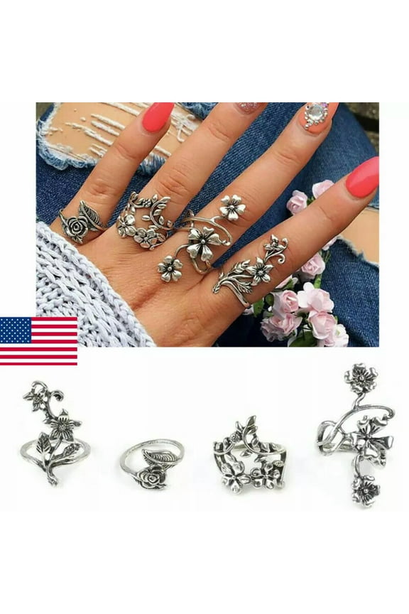 4Pcs Vintage Bohemian Crystal Hollow Flower Retro Silver Boho Finger Midi Rings