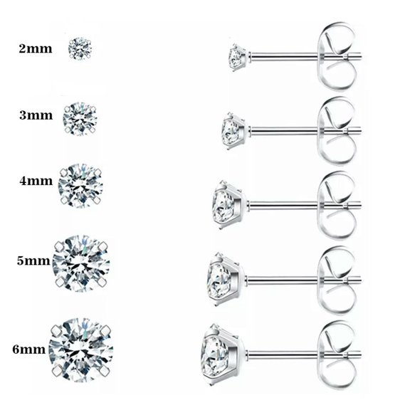 K-KED 5 Pairs 2-6MM Round Cubic Zirconia Studs Earring Surgical Steel Ear Piercing-default