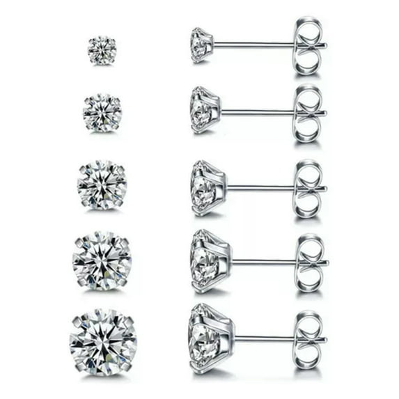 K-KED 5 Pairs Stud Earrings Shiny Cubic Zirconia Stainless Steel Earrings Men Women-5mm