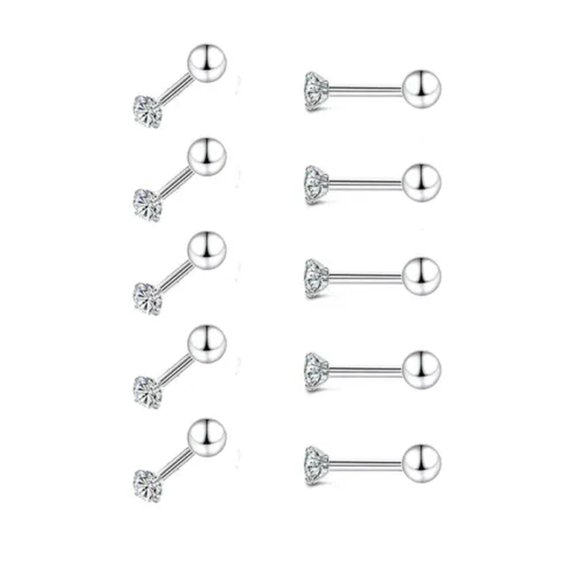 K-KED 5 Pairs Tiny 2mm Zircon Earring Stud Surgical Steel Ear Cartilage Helix Piercing-Screw Ball Back
