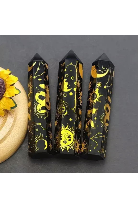 50-100mm Natural Obsidian Pillar Quartz Golden Star Moon Crystal Wand Obelisk-About 9-10cm