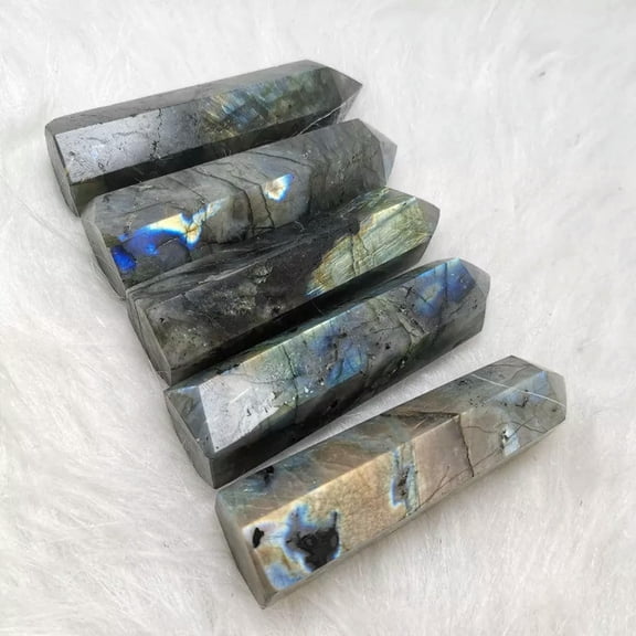 K-KED 50-60mm Natural Labradorite Quartz Crystal Wand Point Obelisk Energy Reiki Stone