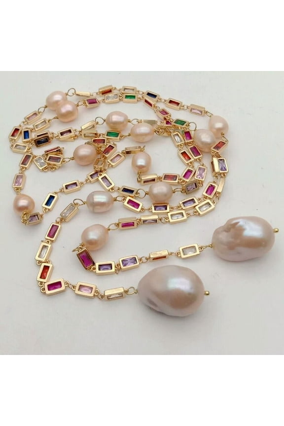 50" Cultured Pink Keshi Pearl Mixed Color Rectangle Cz Pave Long Chain Necklace