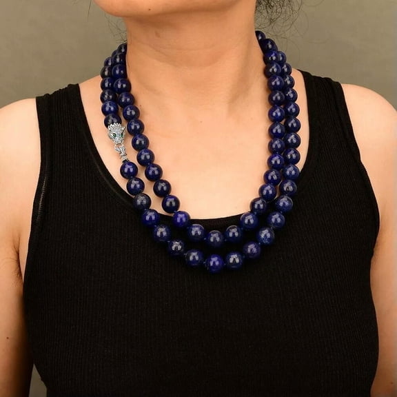 K-KED 50" Natural Gems Stone 14MM Blue Smooth Round Lapis Lazuli Necklace CZ Clasp