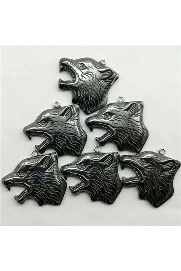 50Pcs Carved Black Hematite Wolf's Head 35x34x5mm Stone Gems Pendant Bead