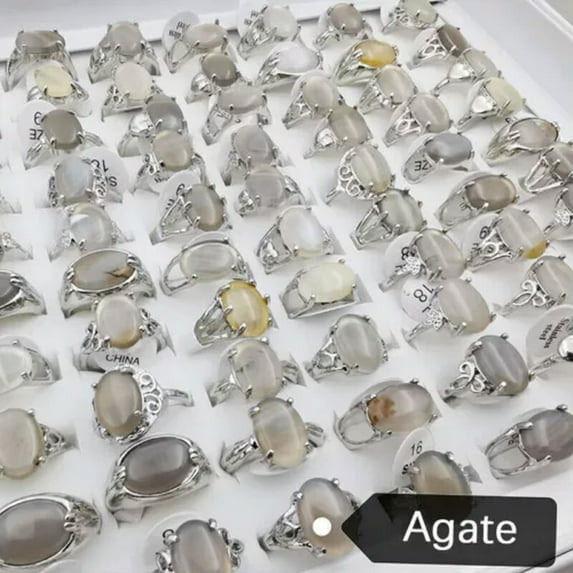 K-KED 50Pcs Wholesale Lot Mixed Ring Natural Stone Rings Women Gemstone Delicate Jewelry Bulk-Agate