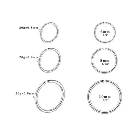 K-KED 50pcs 20G 1/4" 5/16" 3/8" Stainless steel Nose Hoop Ear Tragus Ring Piercing-20G(0.8mm)/1/4''(6 mm)