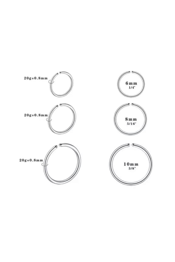 50pcs 20G 1/4" 5/16" 3/8" Stainless steel Nose Hoop Ear Tragus Ring Piercing-20G(0.8mm)/3/8''(8 mm)
