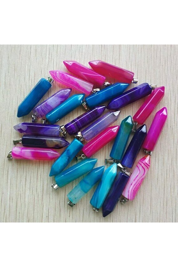 50pcs Mixed Line Agate Natural Stone Hexagonal Column Pendants Necklace Jewelry