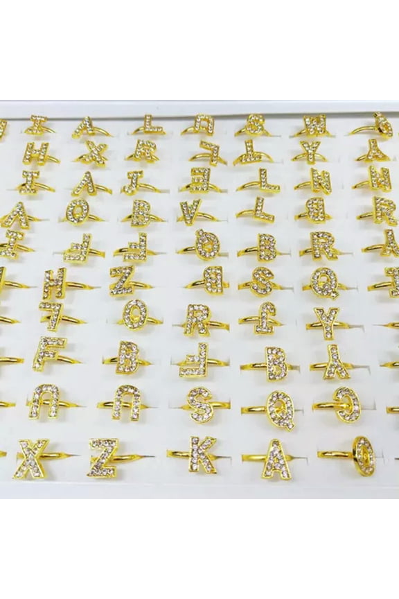 50pcs Rose Gold P Delicate Jewelry Wholesale Lots Mixed Rhinestone Letter Fashion Rings-Gold