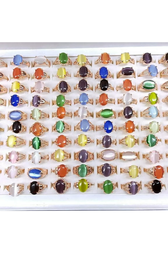 50pcs Wholesale Lots Mixed Style Cat's-eye Stone Rings For Women Silver P Ring