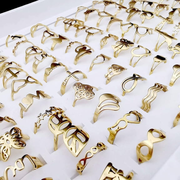 K-KED 50pcs Women's Delicate Jewelry Wholesale Lots Fashion Gold P Rings Stainless Steel Ring