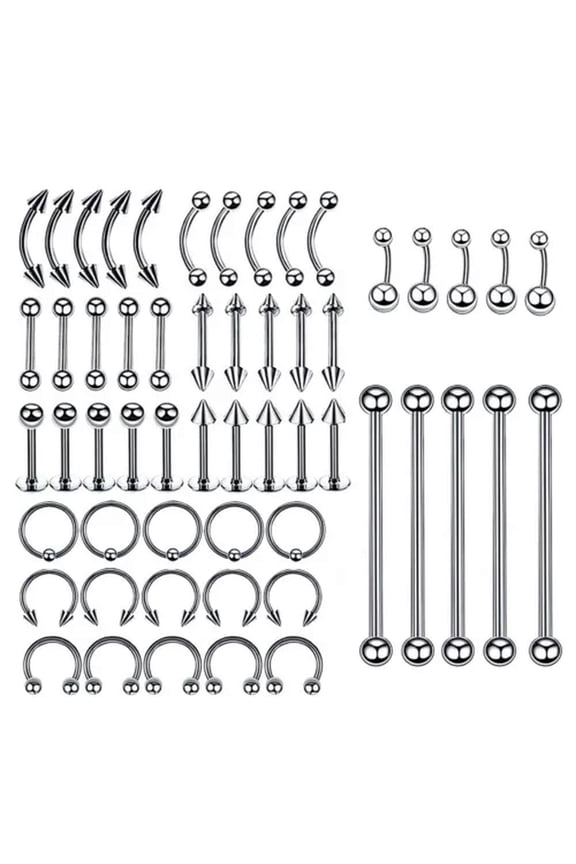 55 PCS Body Piercing Kit Nose Septum Hoops Rings Labret Stud Lip Ear Eyebrow -10mm