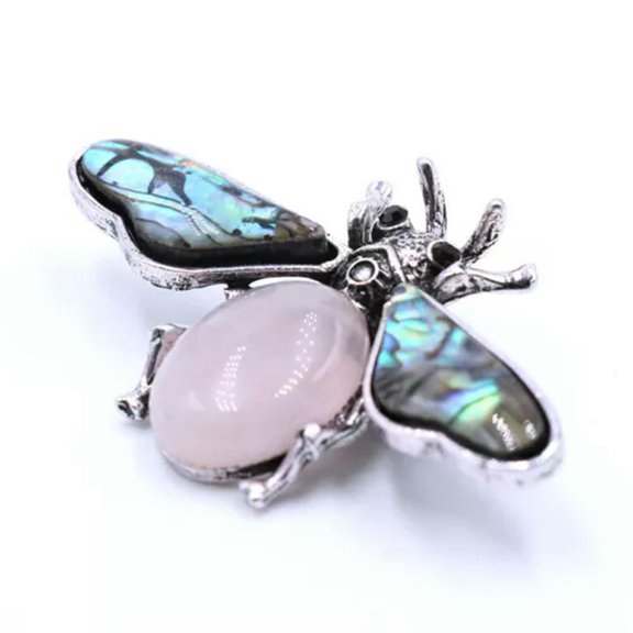 K-KED 5PCS Bee Mixed Natural Stone Body Abalone Wings Vintage Silver Pin Brooch-Rose Quartz